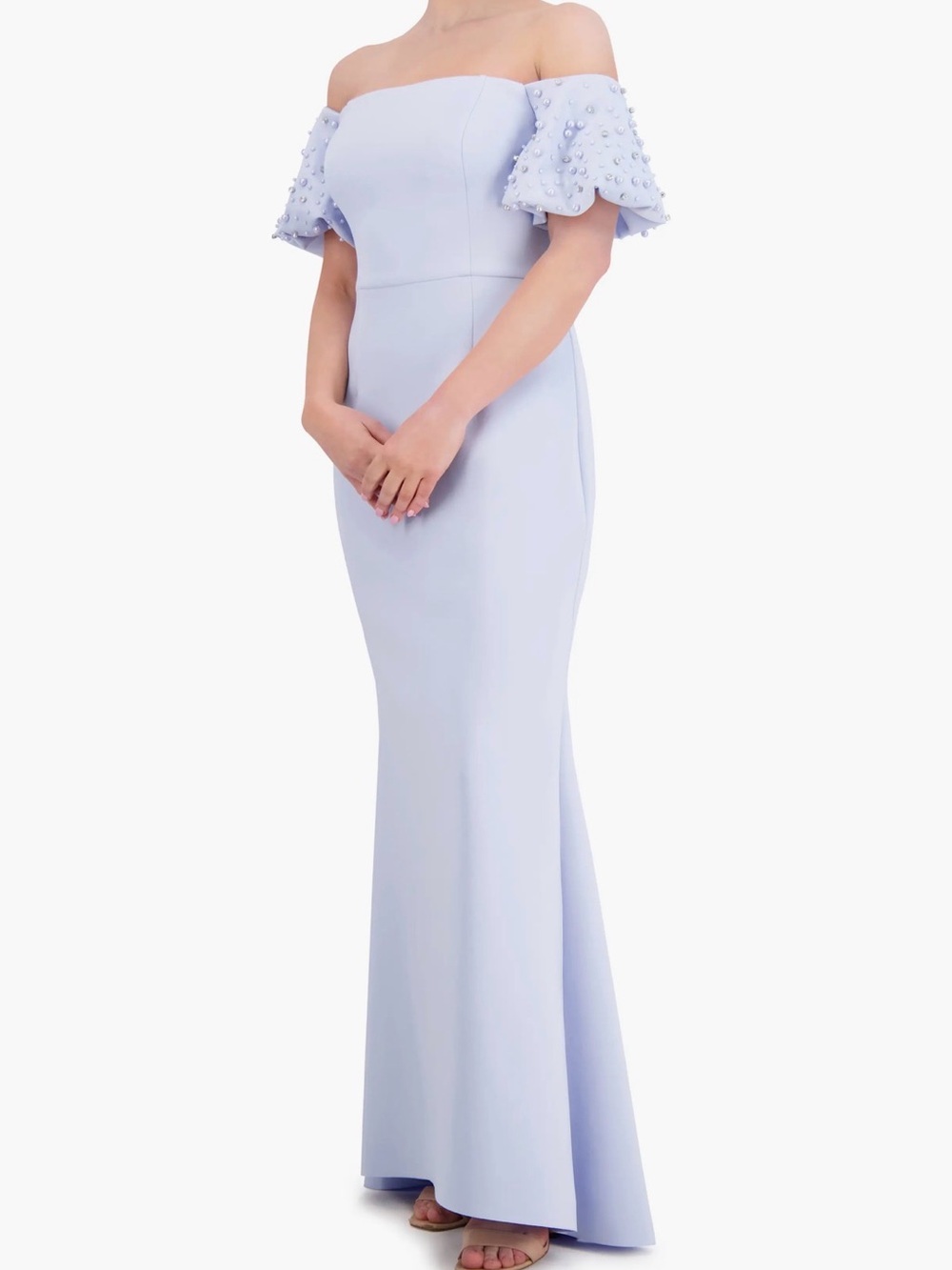 Eliza J. Off-Shoulder Light Blue Evening Gown with beaded Sleeves Sz 2 nwt